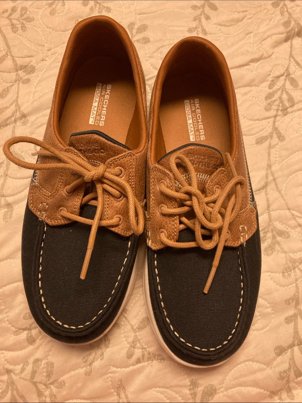 Skechers Two-Tone Canvas & Leather-Trim Boat Shoes — Navy and Brown